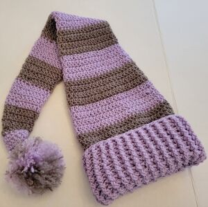 Striped Gray Lavender Knit Crochet Long Stocking Hat Unisex Women Teen